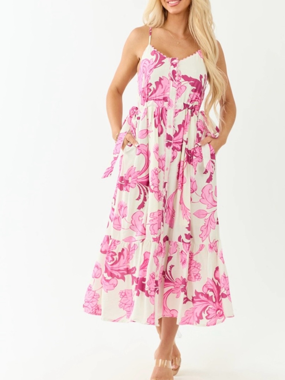 entro Pink & White Floral Tiered Maxi Dress - Spaghetti Straps